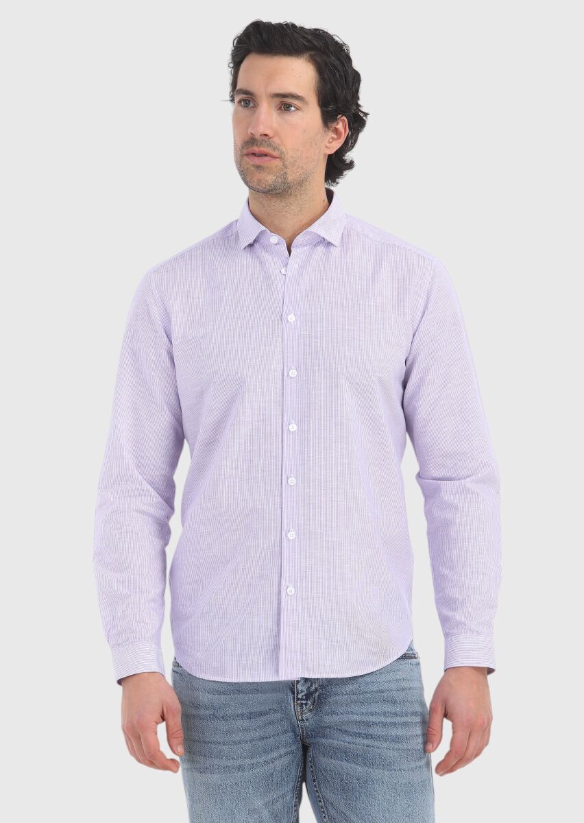 Lila Çizgili Regular Fit Uzun Dokuma Casual Pamuk Karışımlı Gömlek - 2