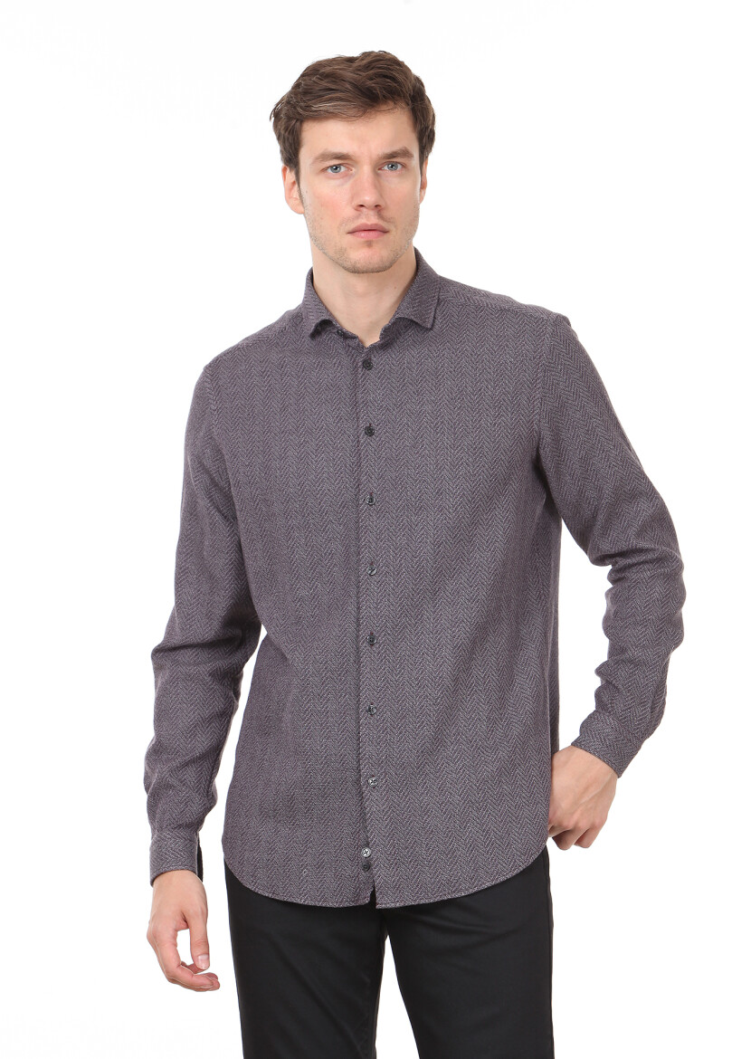 Lila Desenli Regular Fit Uzun Dokuma Casual %100 Pamuk Gömlek - 1