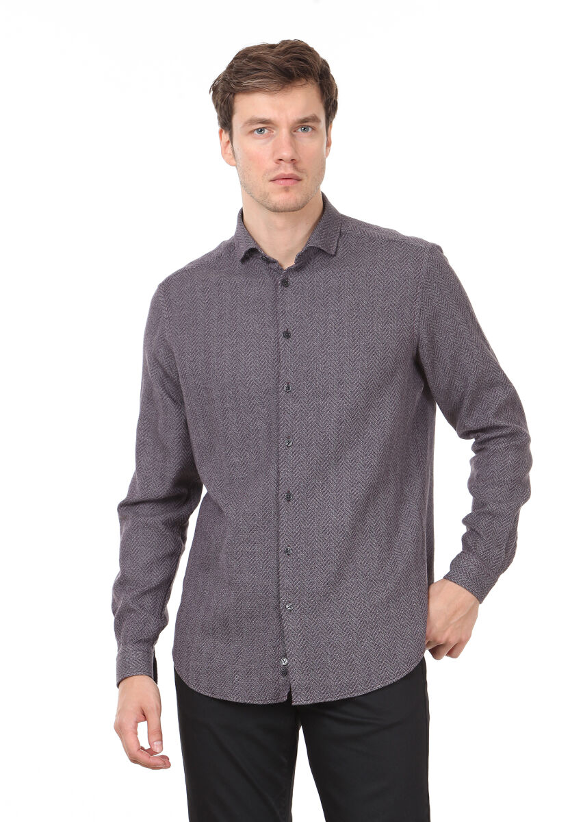 Lila Desenli Regular Fit Uzun Dokuma Casual %100 Pamuk Gömlek - 1
