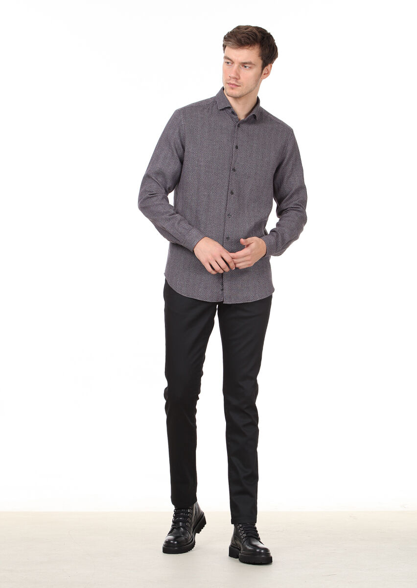 Lila Desenli Regular Fit Uzun Dokuma Casual %100 Pamuk Gömlek - 3