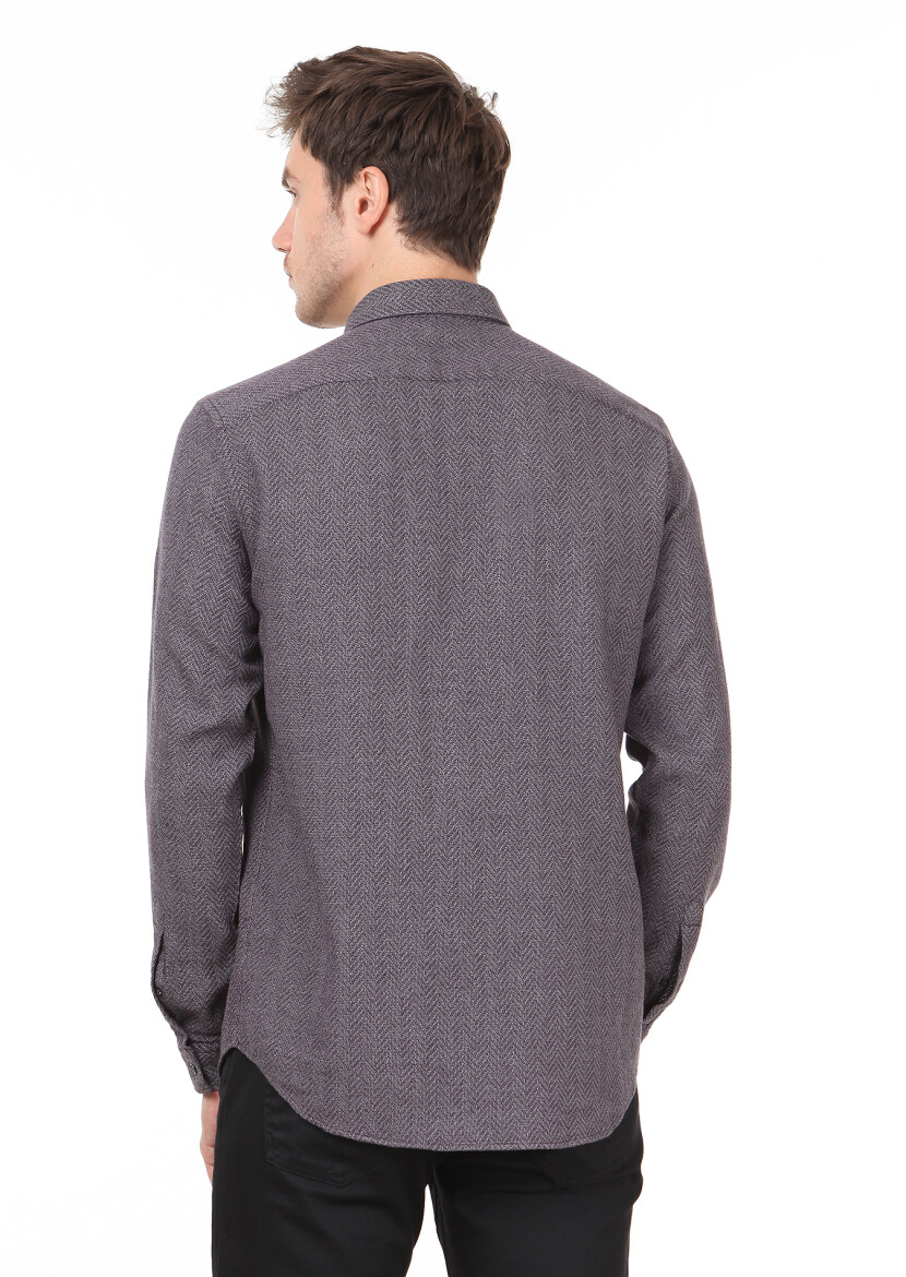 Lila Desenli Regular Fit Uzun Dokuma Casual %100 Pamuk Gömlek - 4