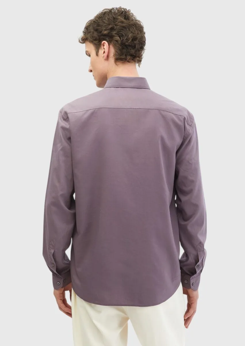 Lila Düz Casual Fit Dokuma Casual Pamuk Karışımlı Gömlek - 5
