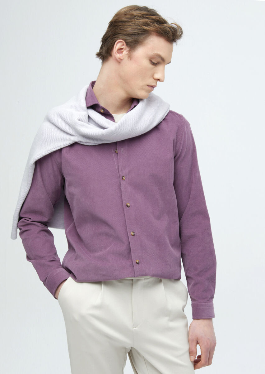 Lila Düz Casual Fit Uzun Dokuma Kadife Casual %100 Pamuk Gömlek - 1