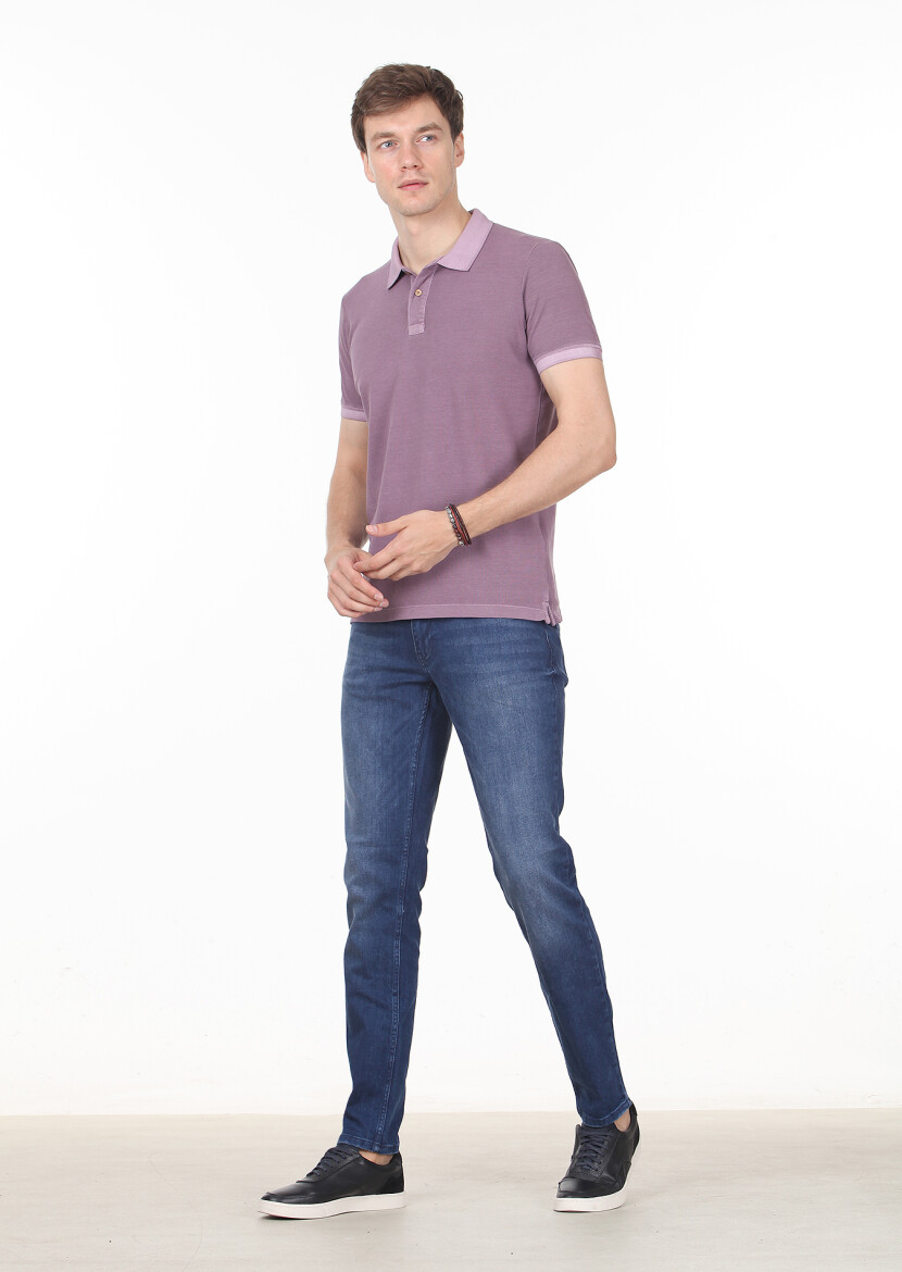 Lila Düz Polo Yaka %100 Pamuk T-Shirt - 3
