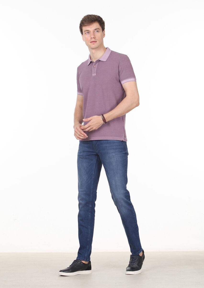 Lila Düz Polo Yaka %100 Pamuk T-Shirt - 3