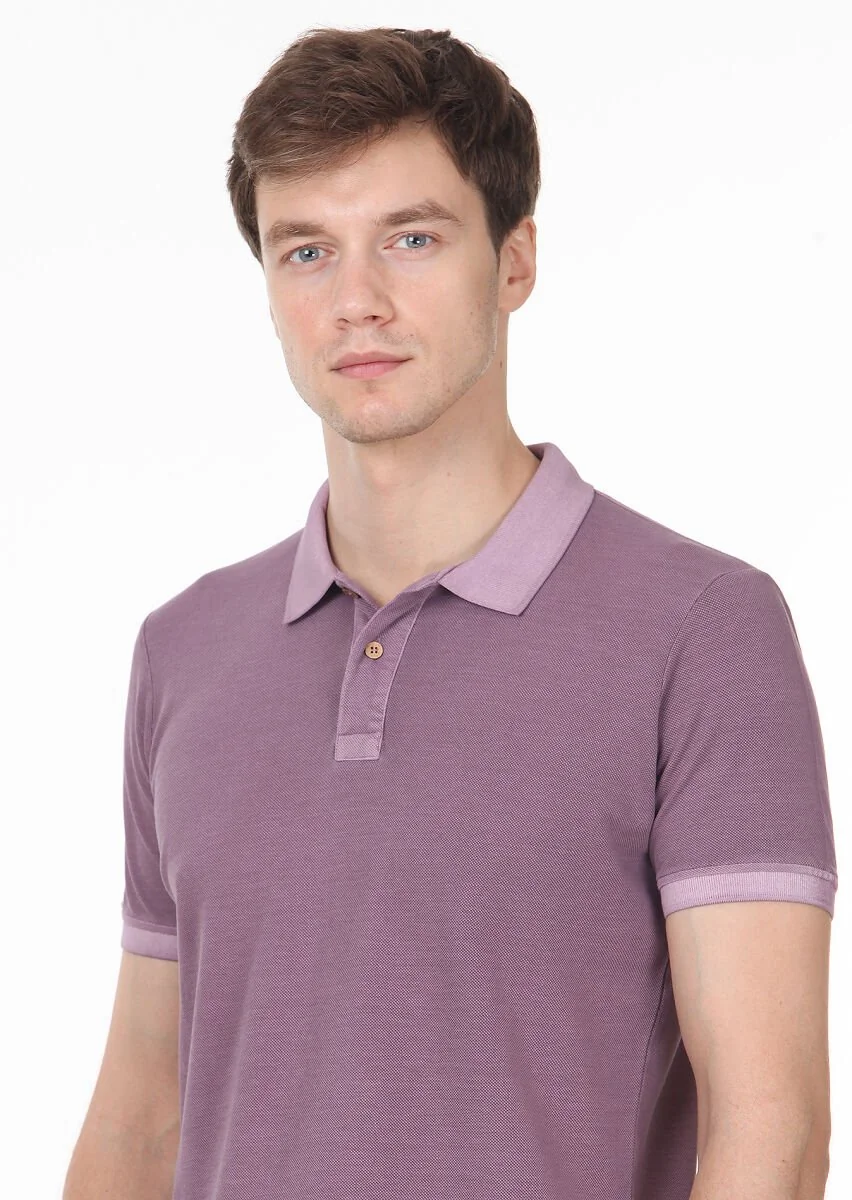 Lila Düz Polo Yaka %100 Pamuk T-Shirt - 2