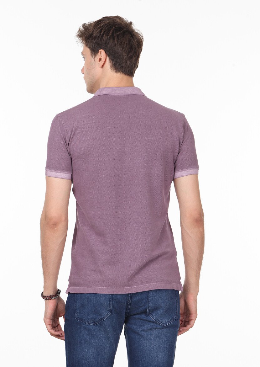 Lila Düz Polo Yaka %100 Pamuk T-Shirt - 4