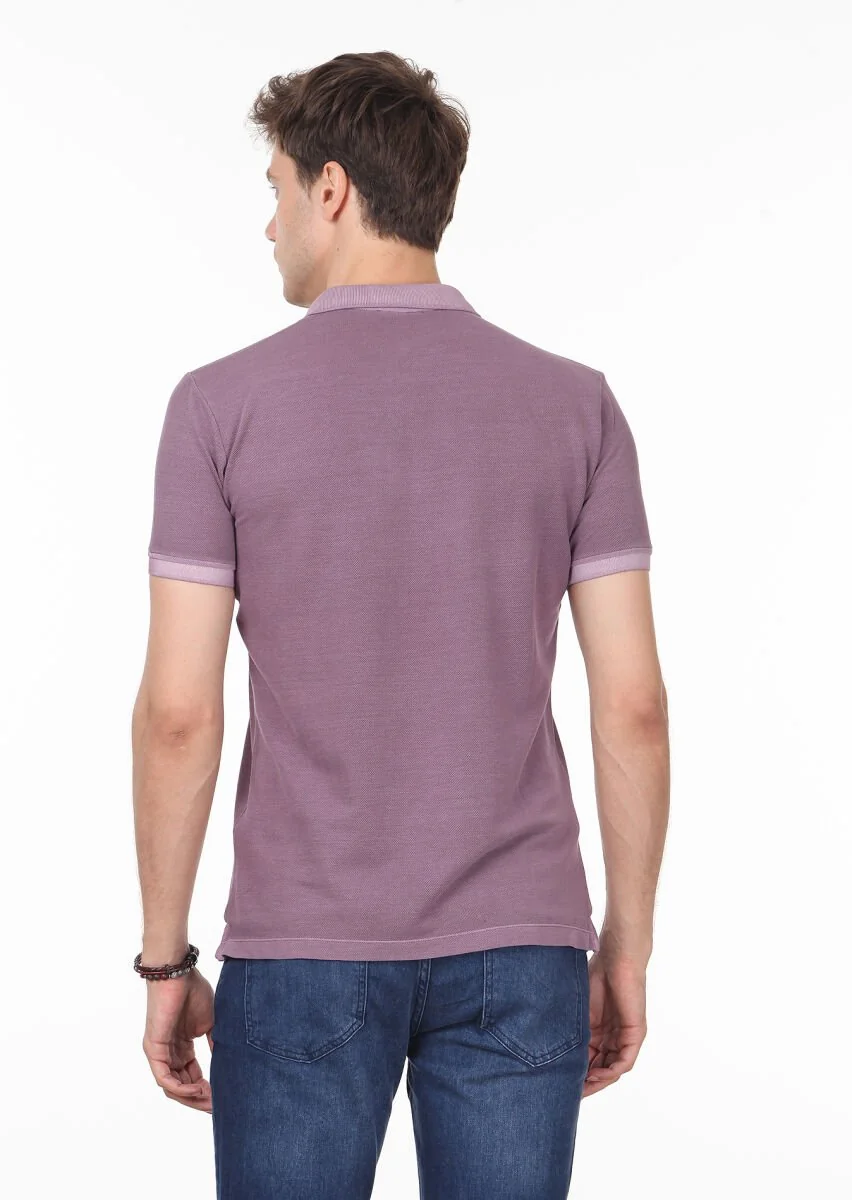 Lila Düz Polo Yaka %100 Pamuk T-Shirt - 4