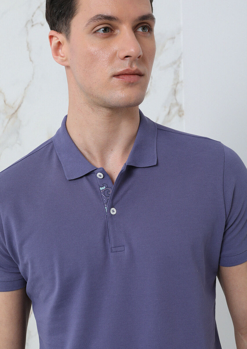 Lila Düz Polo Yaka %100 Pamuk T-Shirt - 2