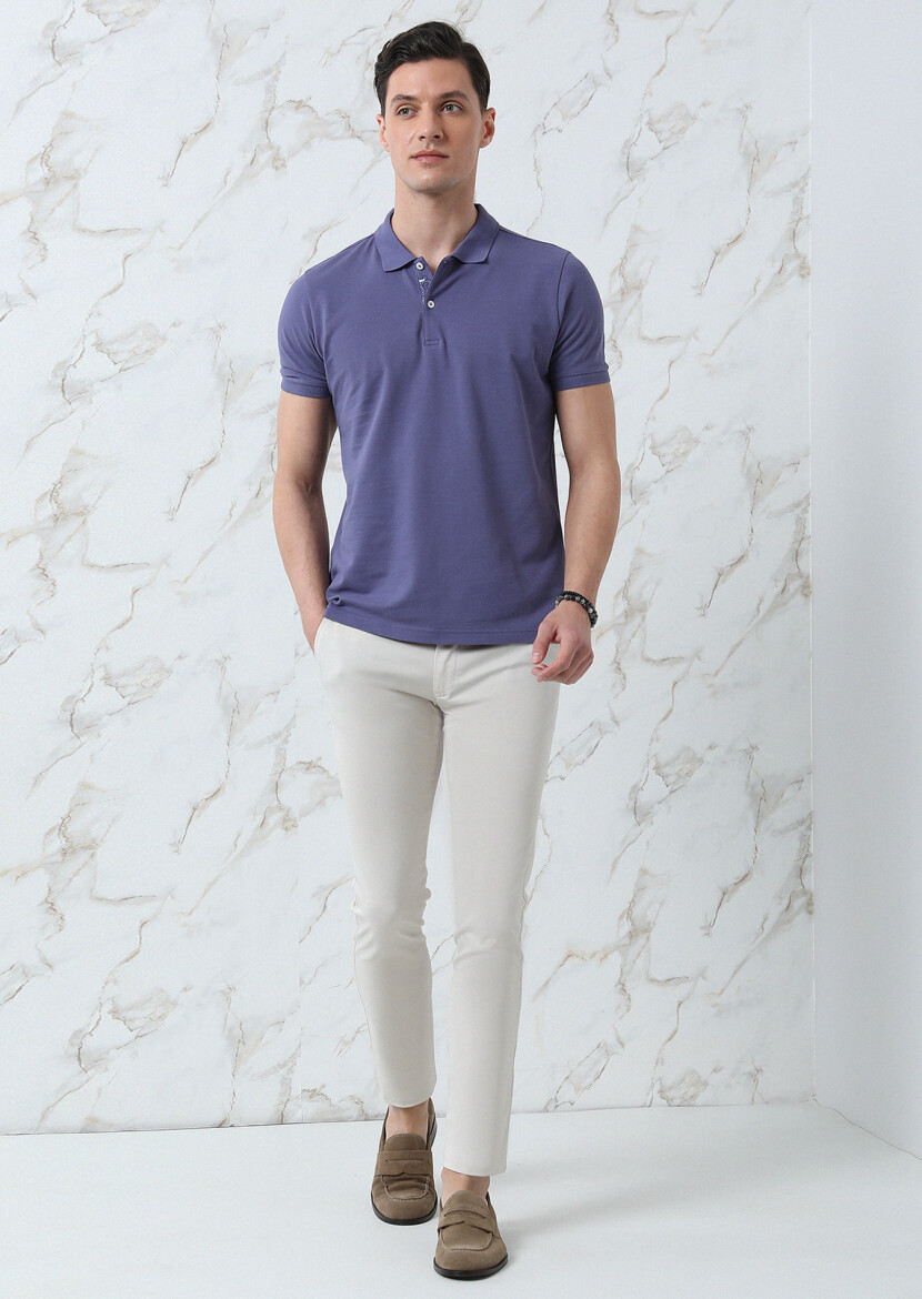 Lila Düz Polo Yaka %100 Pamuk T-Shirt - 3