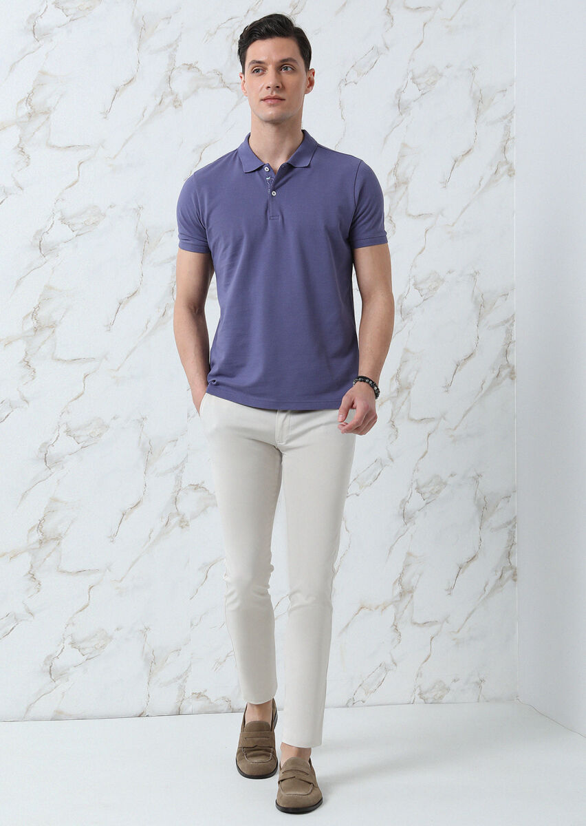 Lila Düz Polo Yaka %100 Pamuk T-Shirt - 3