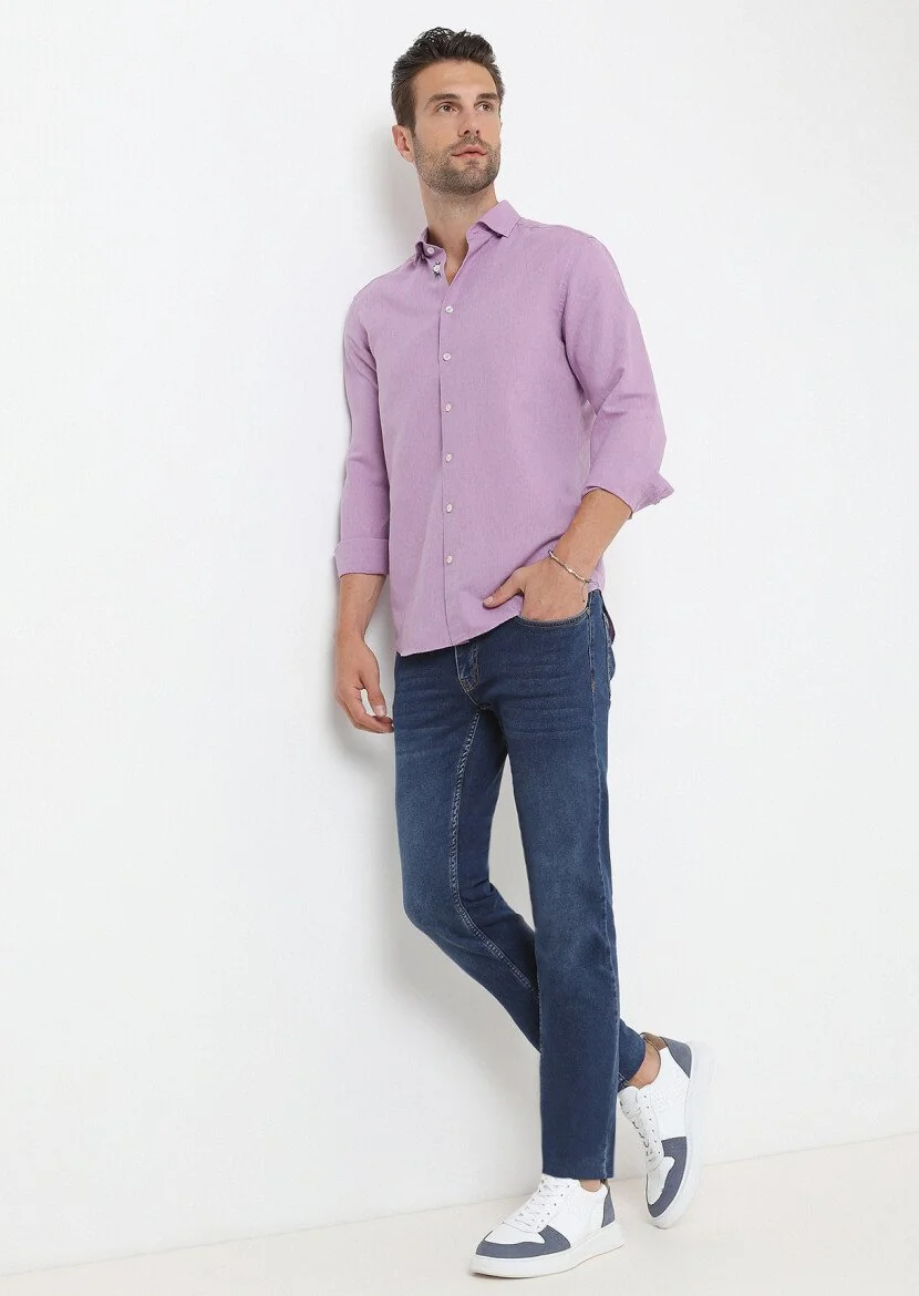 Lila Düz Regular Fit Dokuma Casual Pamuk Karışımlı Gömlek - 3