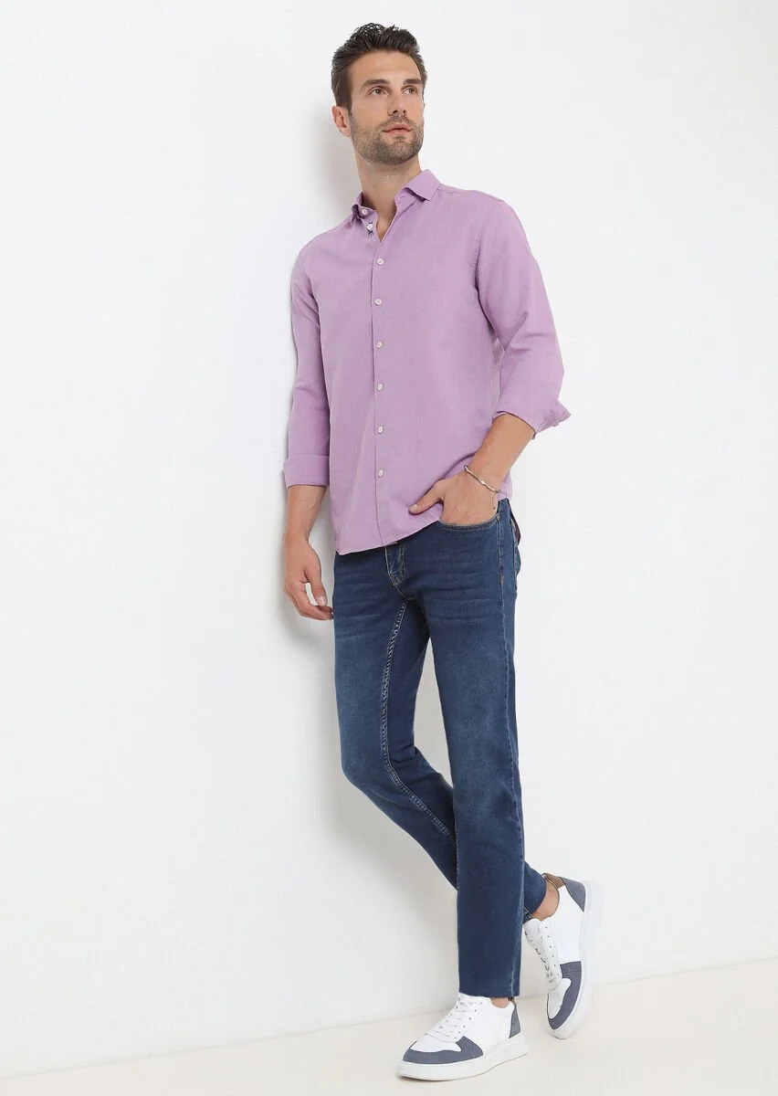 Lila Düz Regular Fit Dokuma Casual Pamuk Karışımlı Gömlek - 3