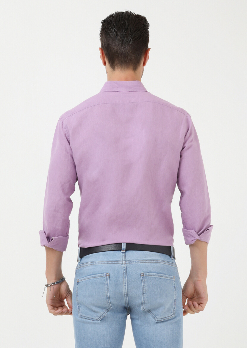 Lila Düz Regular Fit Uzun Dokuma Casual Pamuk Karışımlı Gömlek - 4