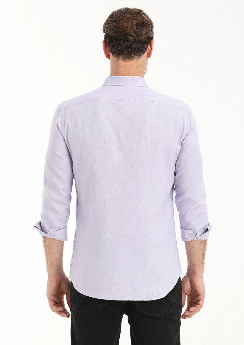 Lila Düz Slim Fit Dokuma Casual %100 Pamuk Gömlek - 4