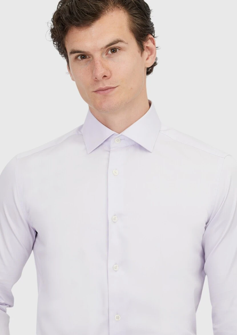 Lila Düz Slim Fit Dokuma Klasik %100 Pamuk Gömlek - 3