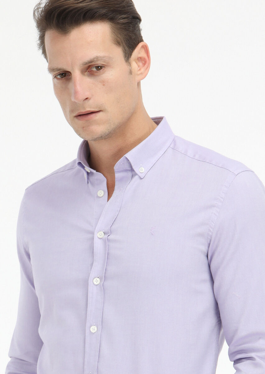 Lila Düz Slim Fit Uzun Dokuma Casual %100 Pamuk Gömlek - 3