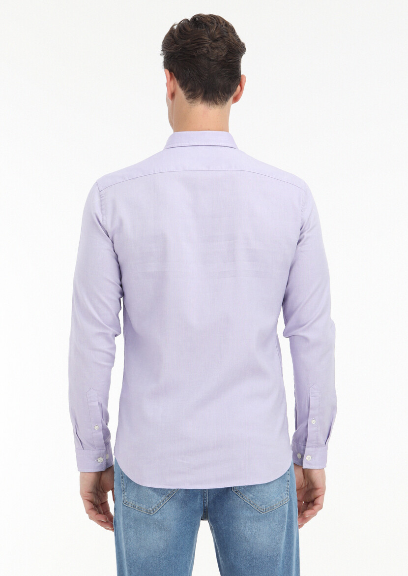 Lila Düz Slim Fit Uzun Dokuma Casual %100 Pamuk Gömlek - 4