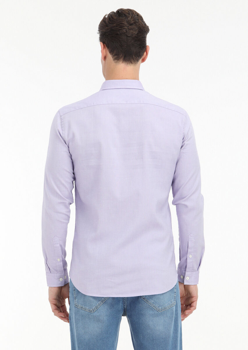Lila Düz Slim Fit Uzun Dokuma Casual %100 Pamuk Gömlek - 4