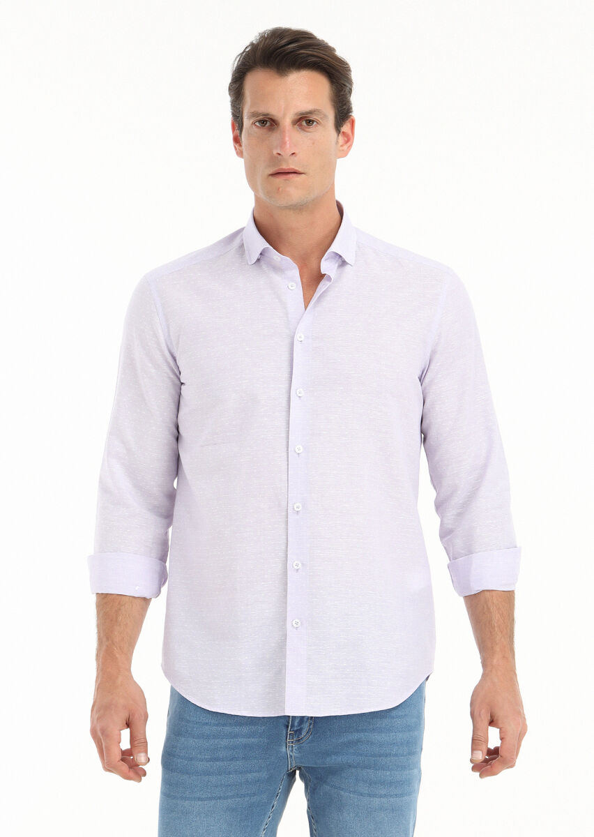 Lila Mikro Regular Fit Uzun Dokuma Casual Pamuk Karışımlı Gömlek - 2