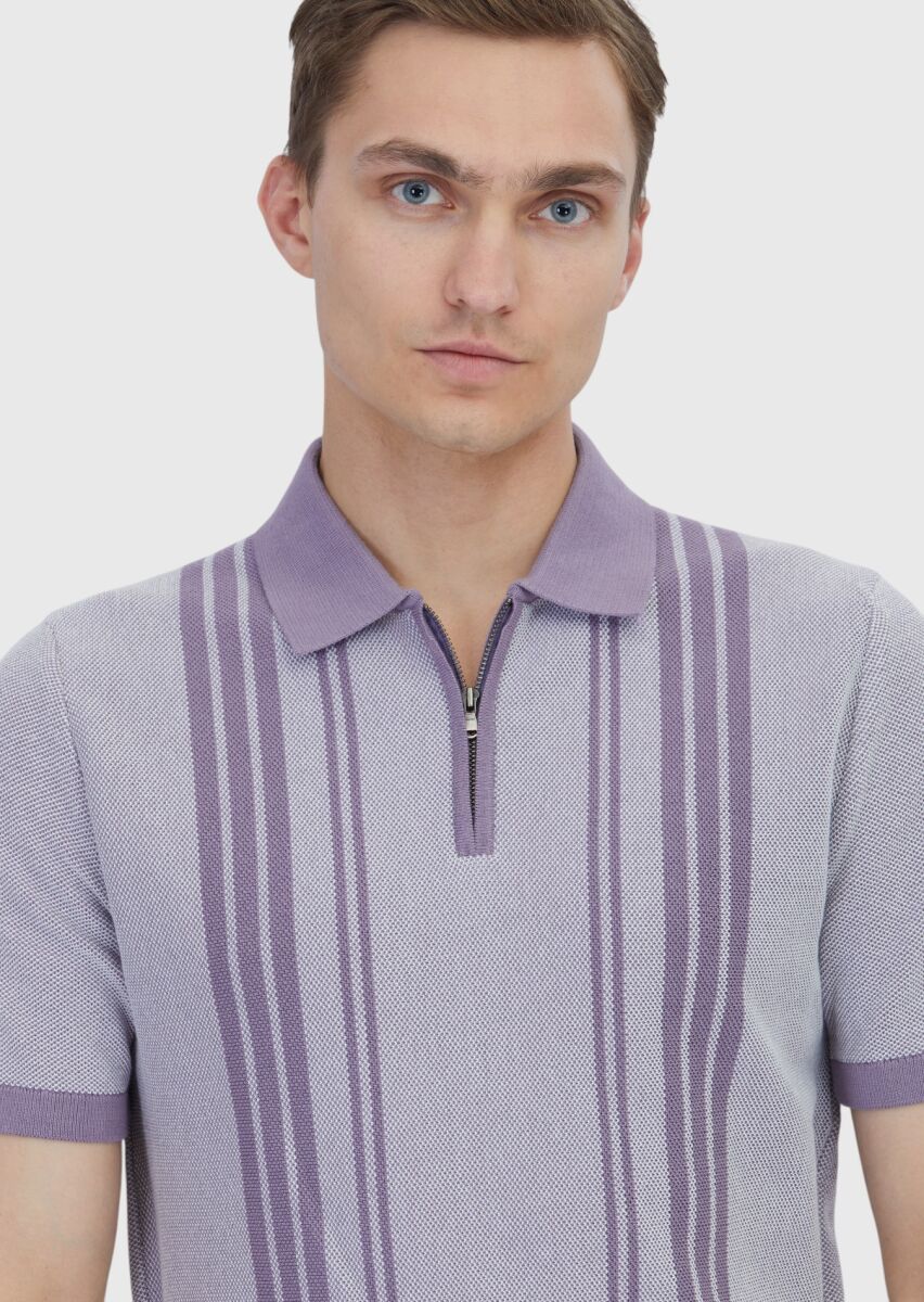 Lila Polo Yaka Çizgili Pamuk Karışımlı Triko - 3