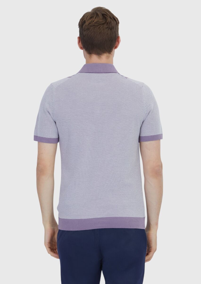 Lila Polo Yaka Çizgili Pamuk Karışımlı Triko - 6