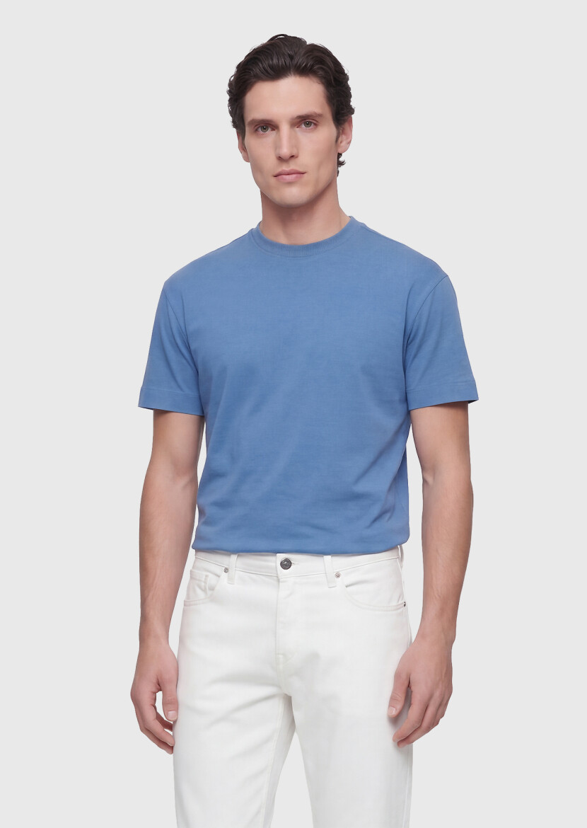 Mavi Düz Bisiklet Yaka %100 Pamuk T-Shirt - 3