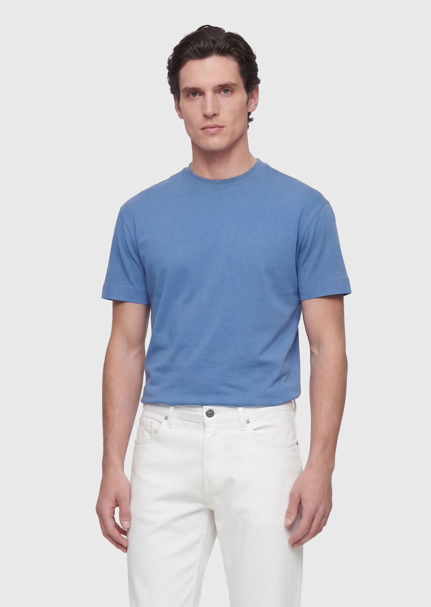 Mavi Düz Bisiklet Yaka %100 Pamuk T-Shirt - 3