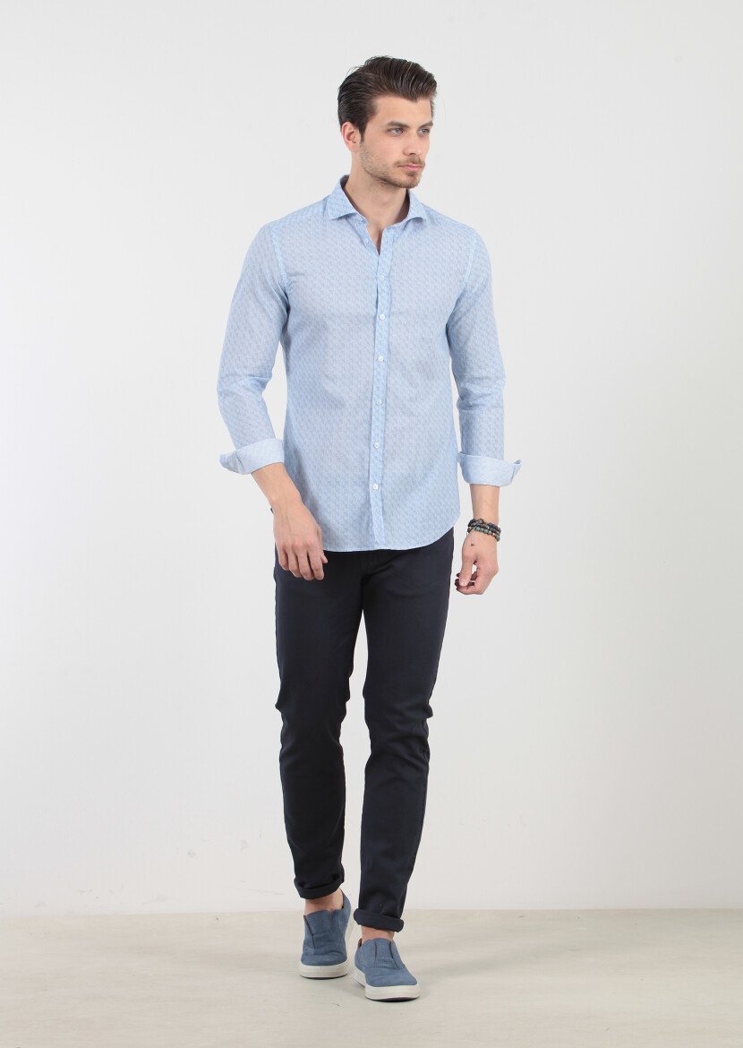Mavi Baskılı Fitted Fit Dokuma Casual %100 Pamuk Gömlek - 1