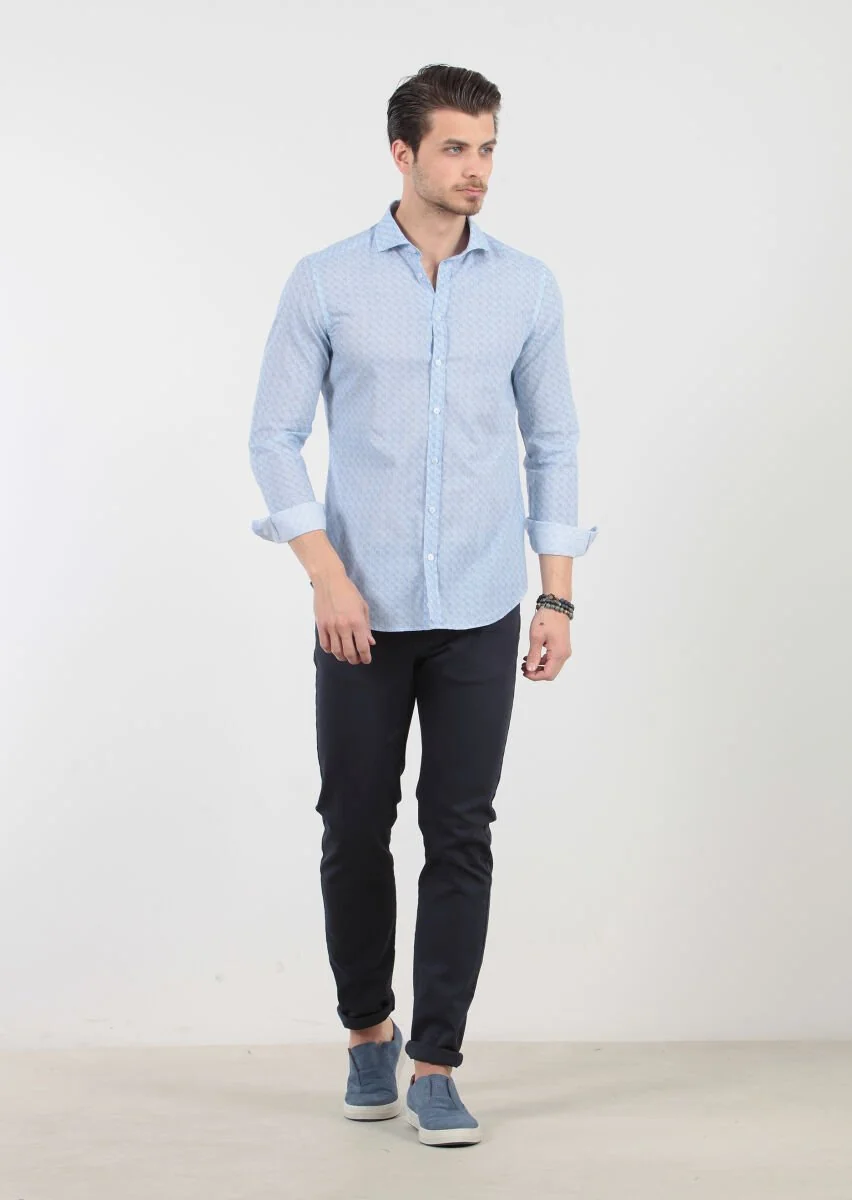 Mavi Baskılı Fitted Fit Dokuma Casual %100 Pamuk Gömlek - 1