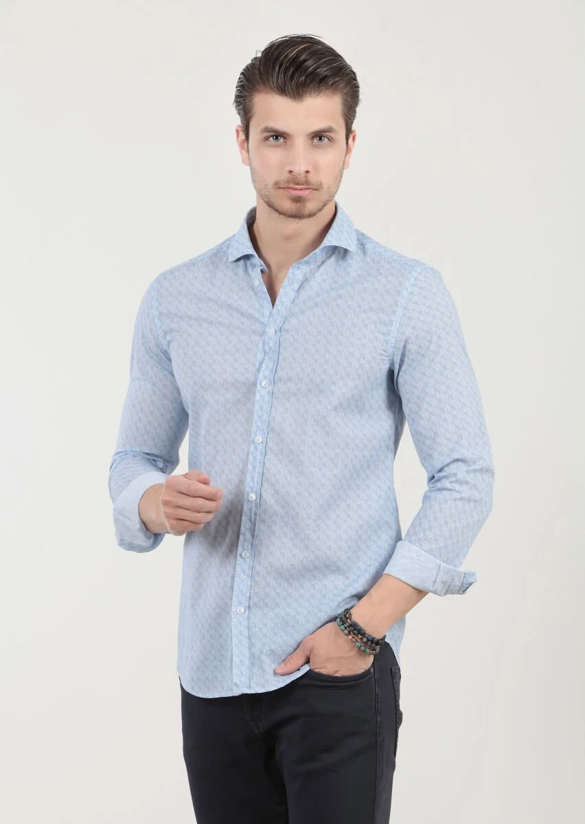 Mavi Baskılı Fitted Fit Dokuma Casual %100 Pamuk Gömlek - 3