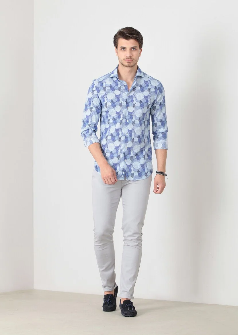 Mavi Baskılı Fitted Fit Dokuma Casual %100 Pamuk Gömlek - 1