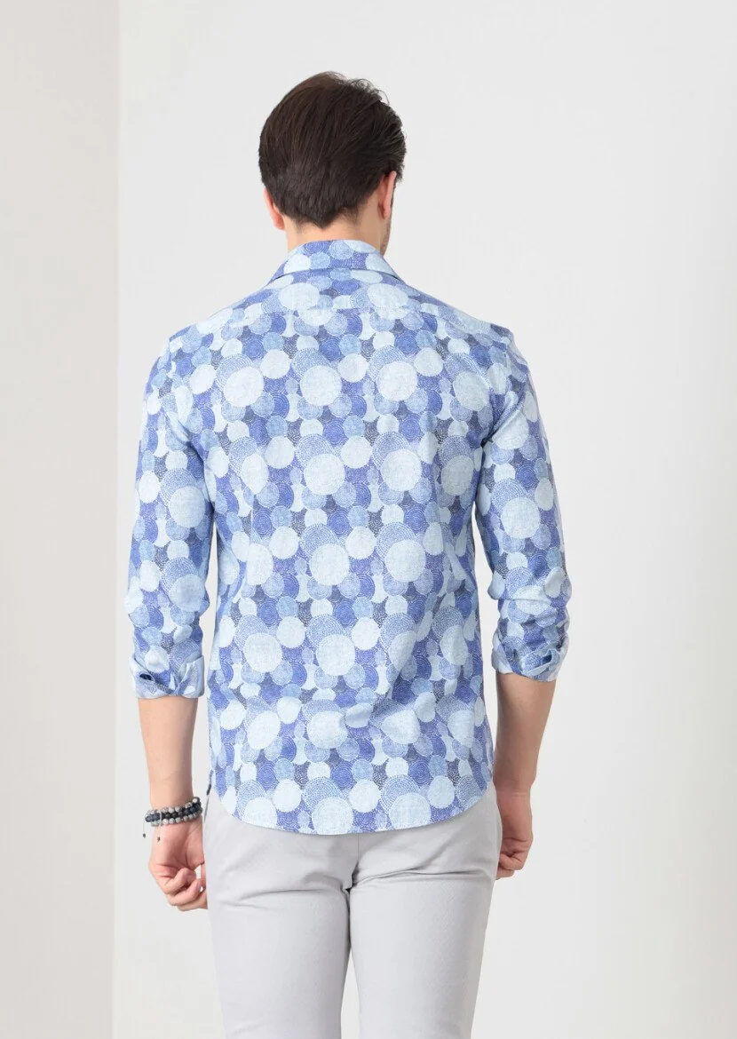 Mavi Baskılı Fitted Fit Dokuma Casual %100 Pamuk Gömlek - 5
