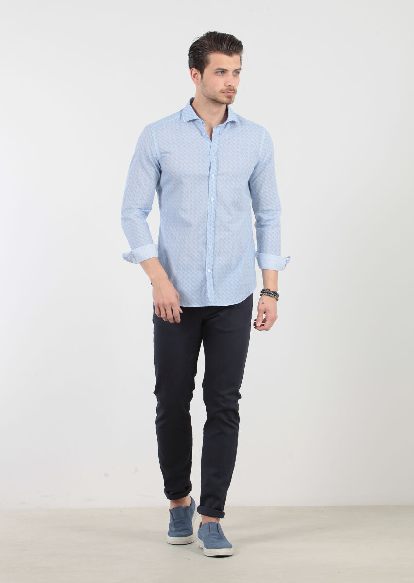 Mavi Baskılı Fitted Fit Uzun Dokuma Casual %100 Pamuk Gömlek - 1
