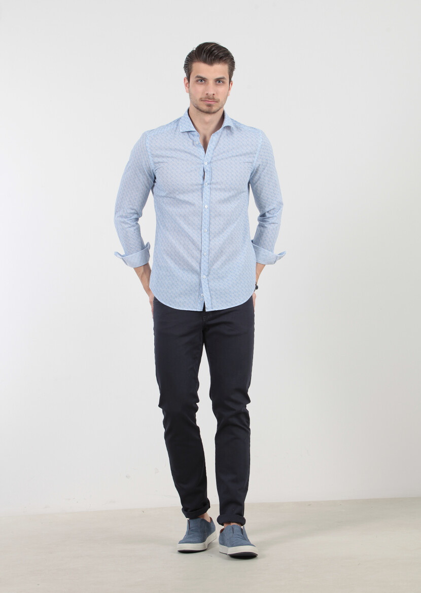 Mavi Baskılı Fitted Fit Uzun Dokuma Casual %100 Pamuk Gömlek 