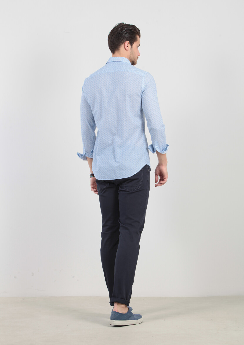 Mavi Baskılı Fitted Fit Uzun Dokuma Casual %100 Pamuk Gömlek - 4