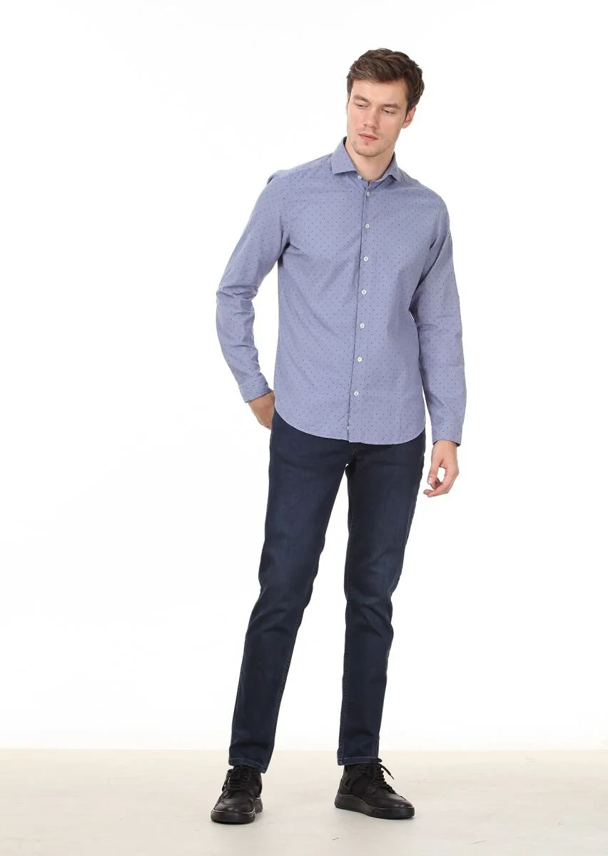 Mavi Baskılı Regular Fit Dokuma Kadife Casual %100 Pamuk Gömlek - 3