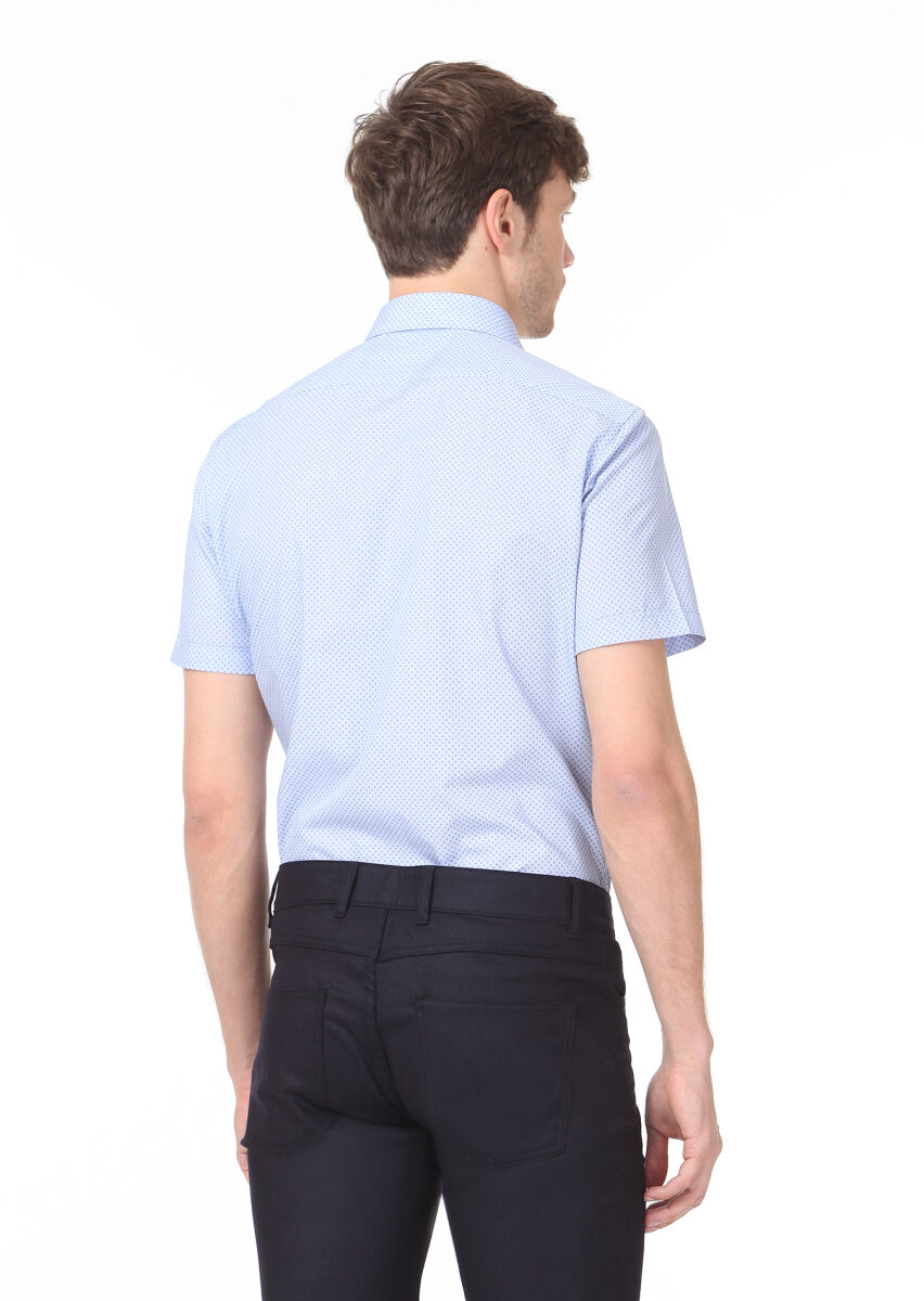 Mavi Baskılı Regular Fit Kısa Dokuma Klasik %100 Pamuk Gömlek - 4