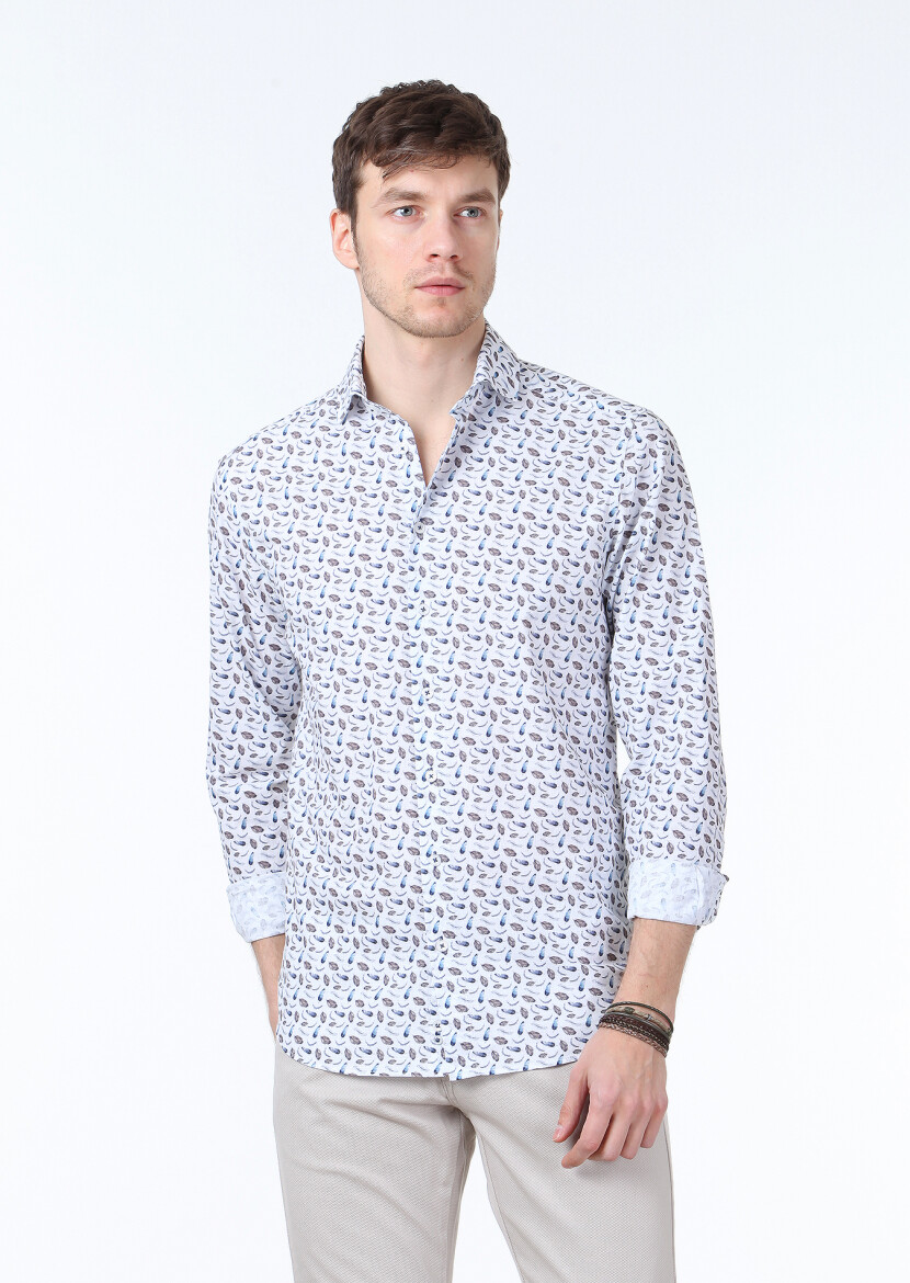 Mavi Baskılı Regular Fit Uzun Dokuma Casual %100 Pamuk Gömlek - 1
