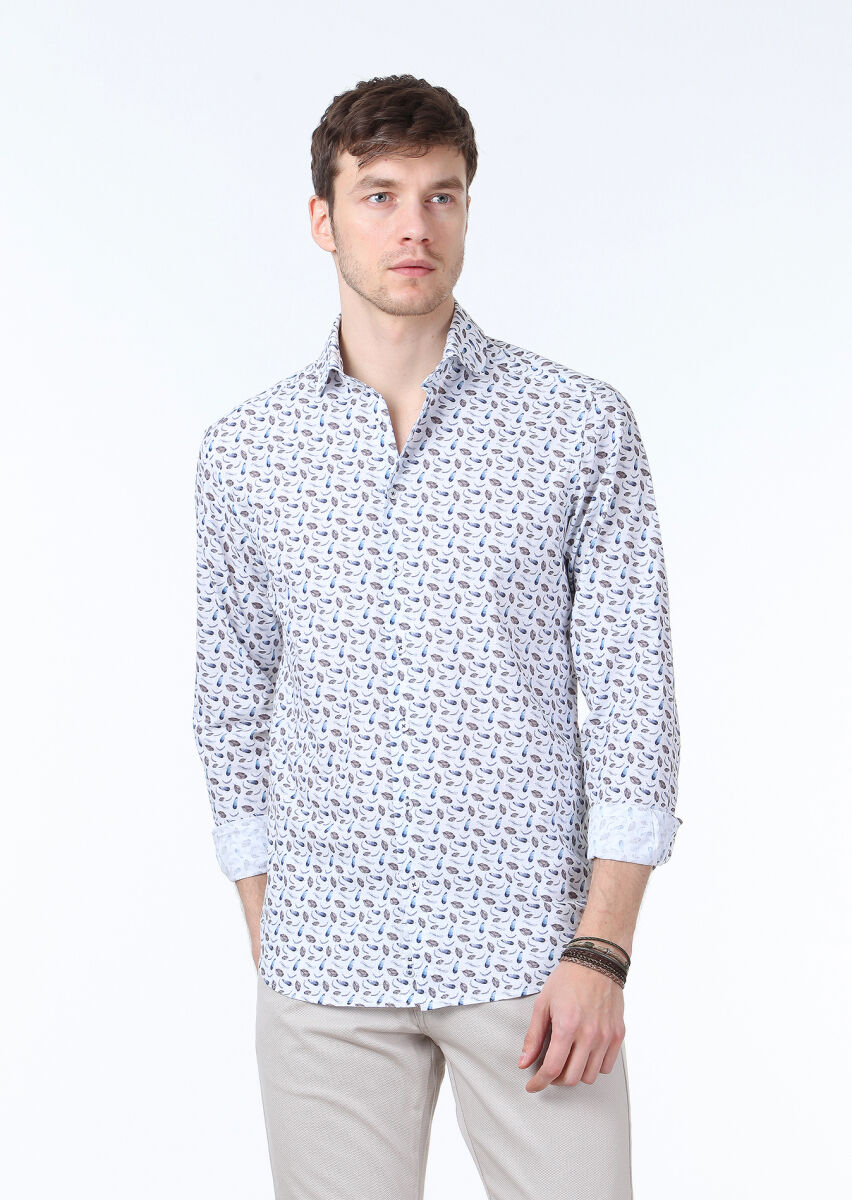 Mavi Baskılı Regular Fit Uzun Dokuma Casual %100 Pamuk Gömlek - 1