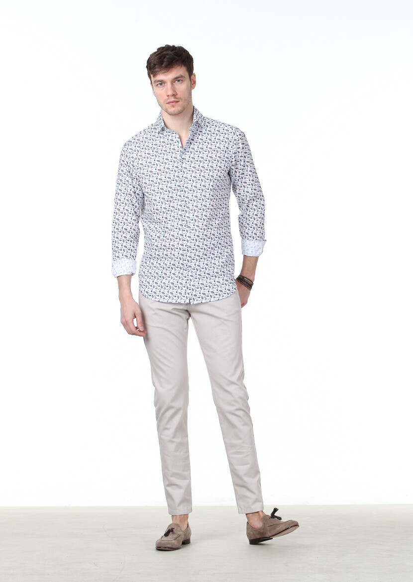 Mavi Baskılı Regular Fit Uzun Dokuma Casual %100 Pamuk Gömlek - 2