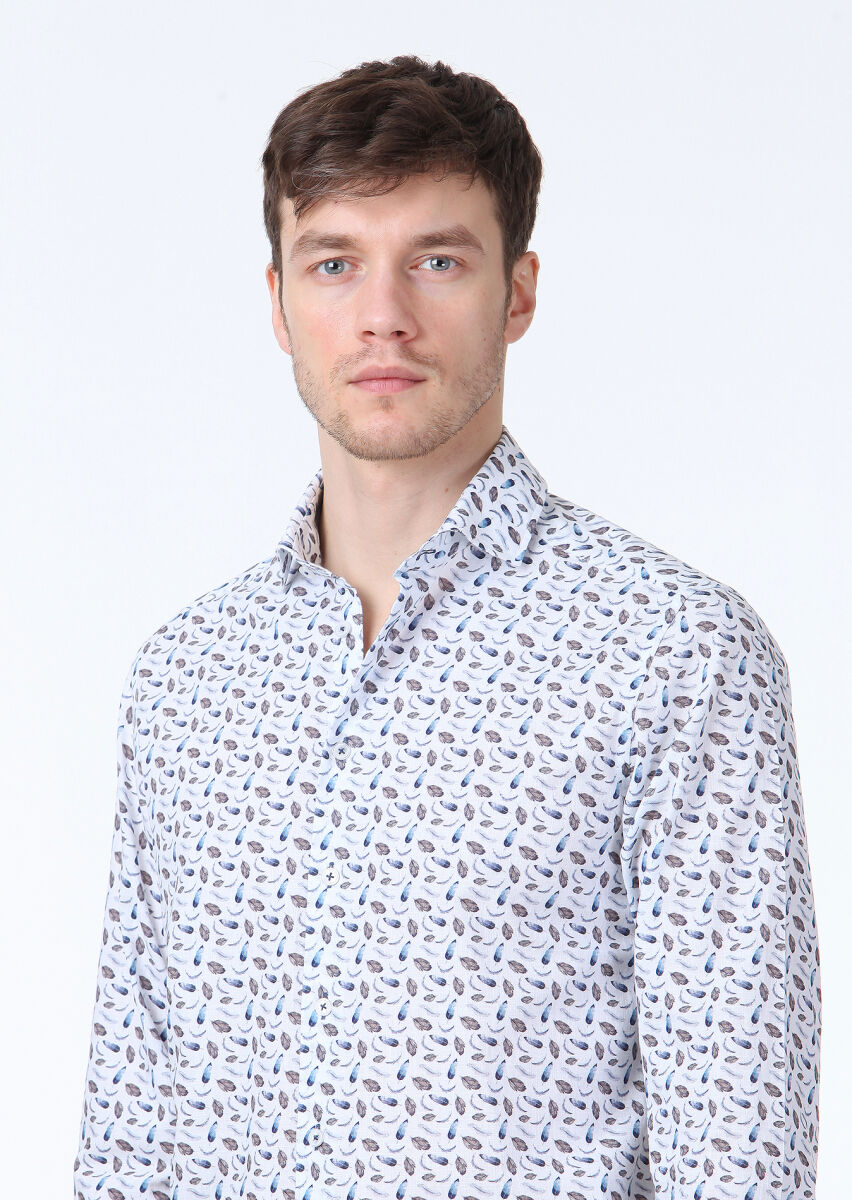 Mavi Baskılı Regular Fit Uzun Dokuma Casual %100 Pamuk Gömlek - 3