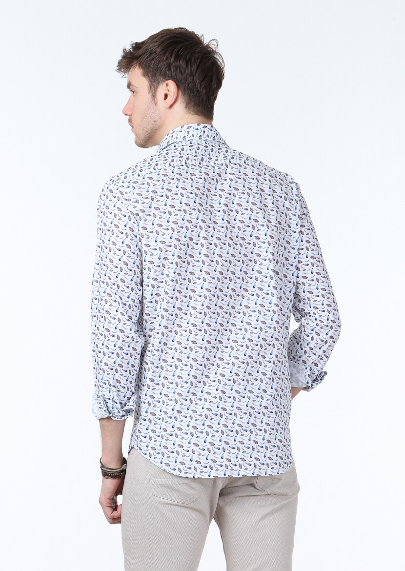 Mavi Baskılı Regular Fit Uzun Dokuma Casual %100 Pamuk Gömlek - 4