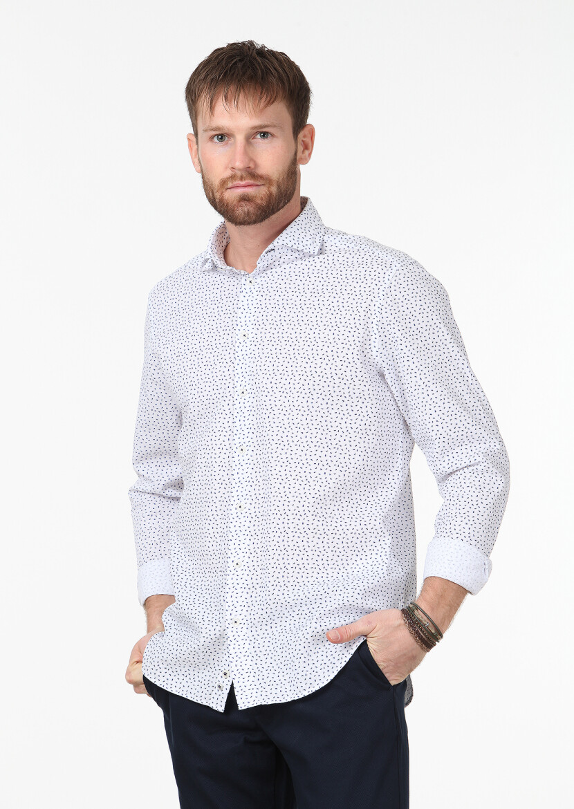 Mavi Baskılı Regular Fit Uzun Dokuma Casual %100 Pamuk Gömlek - 1