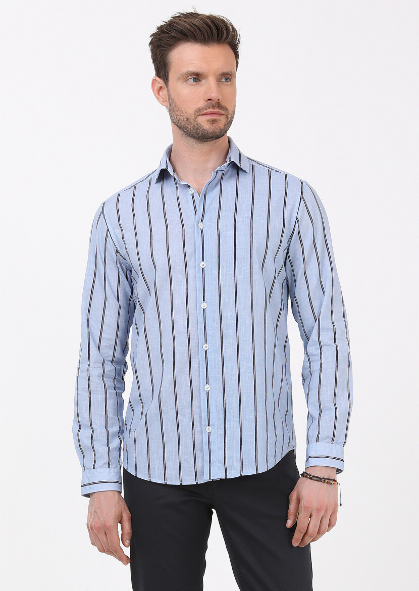 Mavi Baskılı Regular Fit Uzun Dokuma Casual %100 Pamuk Gömlek 