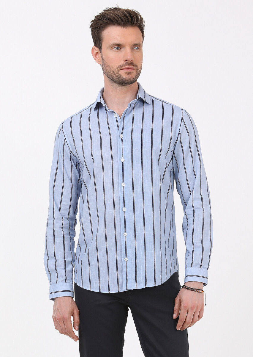 Mavi Baskılı Regular Fit Uzun Dokuma Casual %100 Pamuk Gömlek - 2