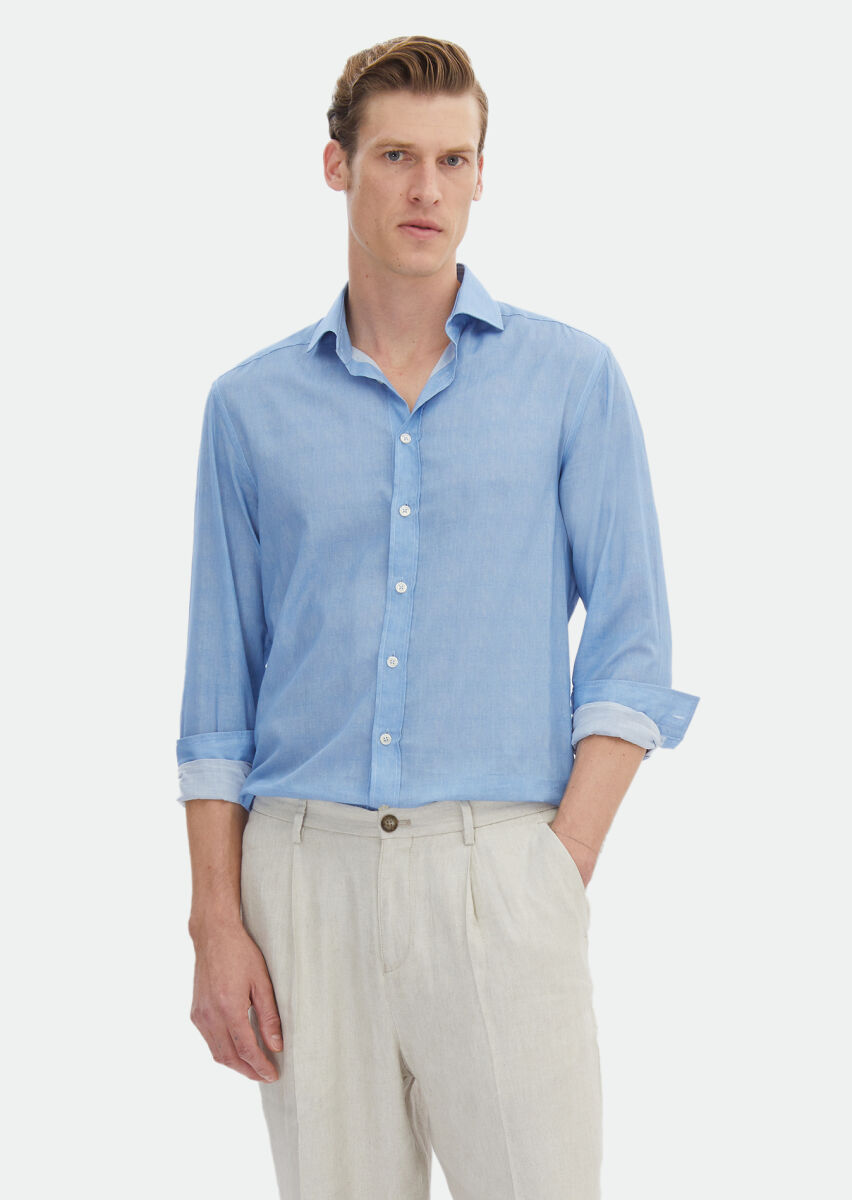 Mavi Baskılı Regular Fit Uzun Dokuma Casual %100 Pamuk Gömlek - 2