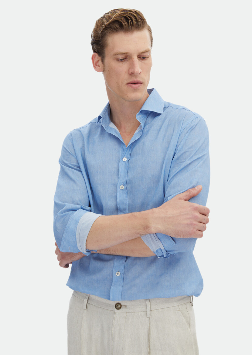 Mavi Baskılı Regular Fit Uzun Dokuma Casual %100 Pamuk Gömlek - 4