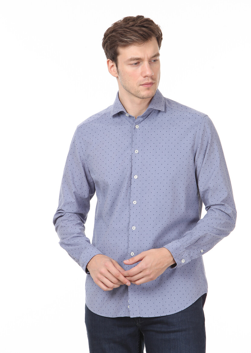 Mavi Baskılı Regular Fit Uzun Dokuma Kadife Casual %100 Pamuk Gömlek - 1