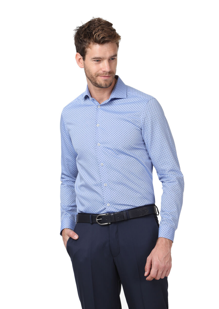Mavi Baskılı Regular Fit Uzun Dokuma Klasik %100 Pamuk Gömlek - 1